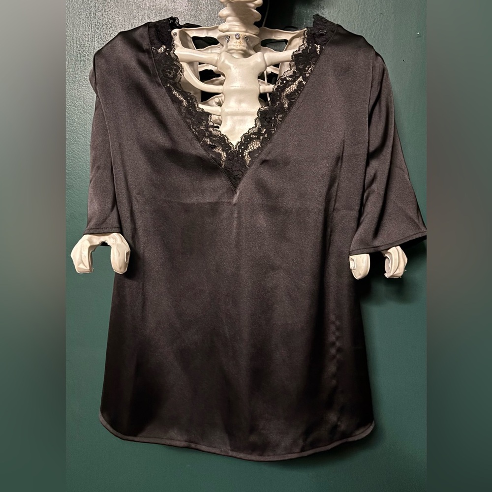 Black Satin Top with Lace Detail